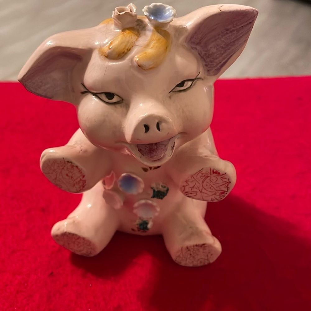 Rare Find Vintage Ceramic Cute Pale Pink Sitting Piggy Bank w/ Applied Flowers